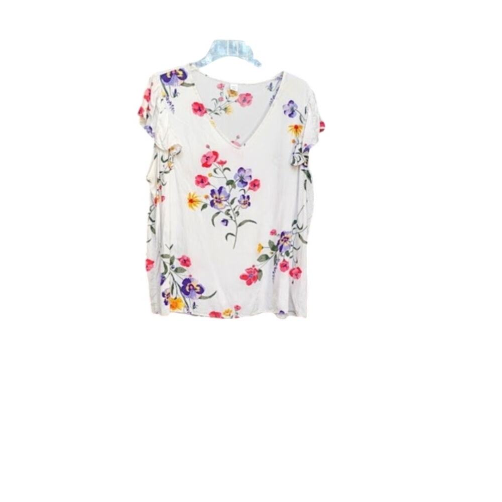 Old Navy Cream Floral Top Flutter-Sleeves V-Neck Size XL